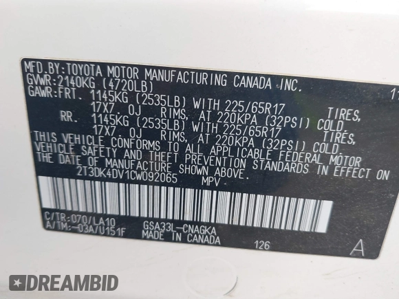 2012 Toyota RAV4 Limited with VIN 2T3DK4DV1CW092065, listed as a IAAI auction lot 41408627 with 76,530 mi miles and . Bid and sale history available at DreamBid. Image 9.
