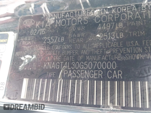 2016 Kia Optima LX z VIN KNAGT4L30G5070000, wystawiony jako IAAI lot #42169747 z przebiegiem 267 498 mil mil oraz . Historia ofert i sprzedaży dostępna na DreamBid. Obrazek 9.