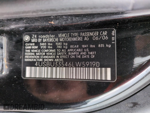 2006 BMW Z4 3.0i with VIN 4USBU33546LW59190, listed as a Copart auction lot 74779364 with 0 mi miles and Non Repairable. Bid and sale history available at carsss.com. Image 13.