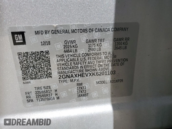 2019 Chevrolet Equinox LS z VIN 2GNAXHEVXK6201103, wystawiony jako Copart lot #53913545 z przebiegiem 78 016 mil mil oraz Szkoda całkowita • Salvage title. Historia ofert i sprzedaży dostępna na DreamBid. Obrazek 13.