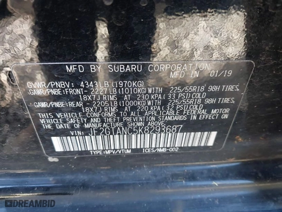2019 Subaru Crosstrek Limited with VIN JF2GTANC5K8293687, listed as a IAAI auction lot 41287542 with 87,759 mi miles. Bid and sale history available at carsss.com. Image 9.