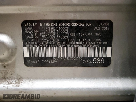 2020 Mitsubishi Eclipse Cross LE with VIN JA4AT4AA8LZ008240, listed as a Copart auction lot 47134205 with 116,203 mi miles and Non repairable. Bid and sale history available at DreamBid. Image 13.