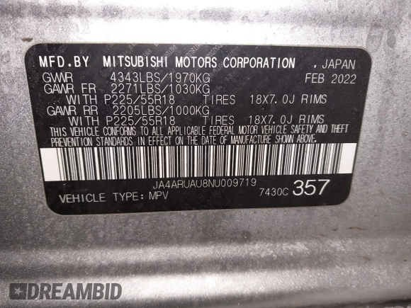 2022 Mitsubishi Outlander Sport ES with VIN JA4ARUAU8NU009719, listed as a IAAI auction lot 41272407 with 70,436 mi miles. Bid and sale history available at carsss.com. Image 9.