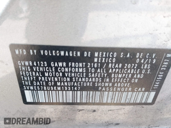 2019 Volkswagen Jetta SEL with VIN 3VWE57BU9KM193147, listed as a IAAI auction lot 41659423 with 29,675 mi miles and . Bid and sale history available at DreamBid. Image 9.