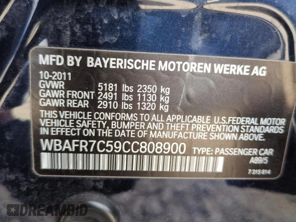 2012 BMW 5 Series 535i z VIN WBAFR7C59CC808900, wystawiony jako Copart lot #49068225 z przebiegiem 106 519 mil mil oraz Szkoda całkowita • Salvage title. Historia ofert i sprzedaży dostępna na DreamBid. Obrazek 12.
