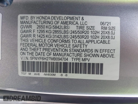2021 Honda Pilot Special Edition with VIN 5FNYF6H27MB094704, listed as a IAAI auction lot 41953899 with 55,462 mi miles and . Bid and sale history available at DreamBid. Image 9.