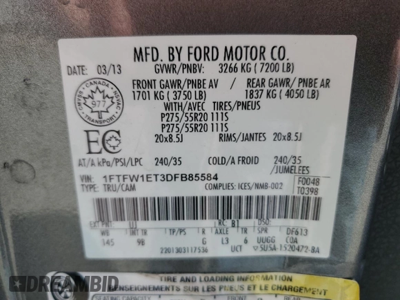 2013 Ford F-150 XL with VIN 1FTFW1ET3DFB85584, listed as a Copart auction lot 50099485 with 204,731 mi miles and Salvage Title. Bid and sale history available at carsss.com. Image 14.