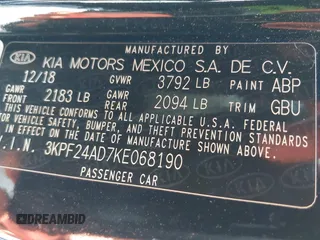 2019 Kia Forte LXS with VIN 3KPF24AD7KE068190, listed as a IAAI auction lot 41954665 with 105,356 mi miles and . Bid and sale history available at carsss.com. Image 9.