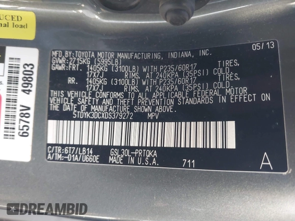 2013 Toyota Sienna XLE AAS with VIN 5TDYK3DCXDS379272, listed as a IAAI auction lot 41407282 with 240,491 mi miles and . Bid and sale history available at carsss.com. Image 9.
