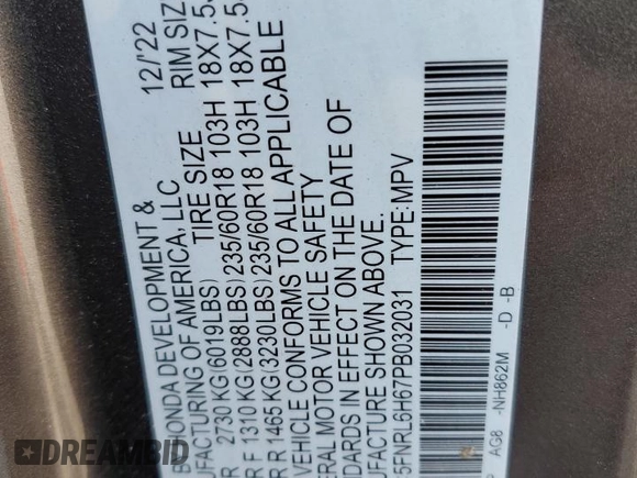 2023 Honda Odyssey EX-L z VIN 5FNRL6H67PB032031, wystawiony jako Copart lot #53949585 z przebiegiem 6 653 mil mil oraz Szkoda całkowita • Salvage title. Historia ofert i sprzedaży dostępna na DreamBid. Obrazek 13.