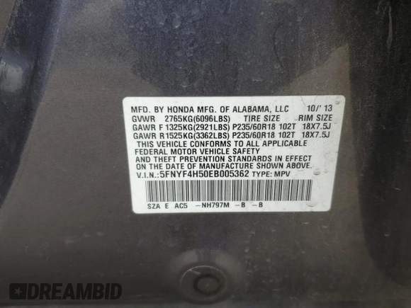 2014 Honda Pilot EX-L with VIN 5FNYF4H50EB005362, listed as a Copart auction lot 46695275 with 106,175 mi miles and Salvage Title. Bid and sale history available at DreamBid. Image 12.