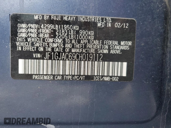 2012 Subaru Impreza Premium с VIN JF1GJAC69CH019112, выставлен на аукционе Copart как лот 42702955 с пробегом 236 714 миль миль и Чистый • Clean title. История ставок и продаж доступна на DreamBid. Изображение 12.