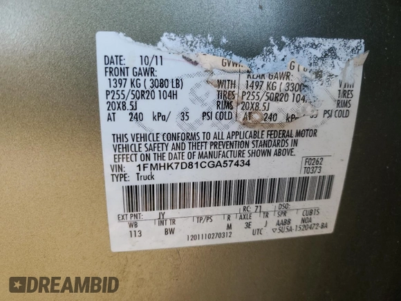 2012 Ford Explorer XLT z VIN 1FMHK7D81CGA57434, wystawiony jako Copart lot #55700265 z przebiegiem Nie podano mil oraz Szkoda całkowita • Salvage title. Historia ofert i sprzedaży dostępna na DreamBid. Obrazek 13.
