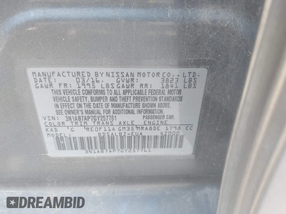 2016 Nissan Sentra SV with VIN 3N1AB7AP7GY257761, listed as a IAAI auction lot 42132167 with 159,251 mi miles and . Bid and sale history available at DreamBid. Image 9.