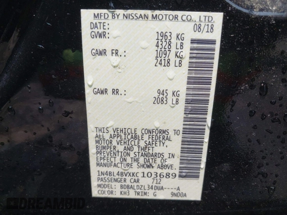 2019 Nissan Altima S z VIN 1N4BL4BVXKC103689, wystawiony jako IAAI lot #42353261 z przebiegiem 187 338 mil mil oraz . Historia ofert i sprzedaży dostępna na DreamBid. Obrazek 9.