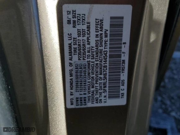 2012 Honda Odyssey EX-L with VIN 5FNRL5H67CB144543, listed as a Copart auction lot 47780315 with 160,403 mi miles and Salvage Title. Bid and sale history available at carsss.com. Image 13.