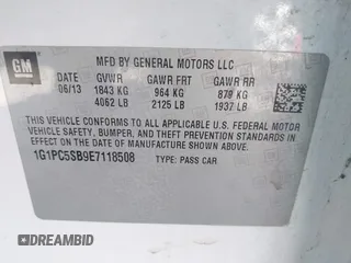 2014 Chevrolet Cruze 1LT with VIN 1G1PC5SB9E7118508, listed as a IAAI auction lot 42630531 with 145,868 mi miles and . Bid and sale history available at DreamBid. Image 9.
