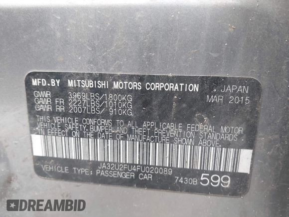 2015 Mitsubishi Lancer ES with VIN JA32U2FU4FU020089, listed as a IAAI auction lot 42036021 with 190,673 mi miles. Bid and sale history available at carsss.com. Image 9.