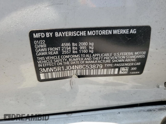 2022 BMW 3 Series 330i with VIN 3MW5R1J04N8C53879, listed as a Copart auction lot 57444544 with 27,972 mi miles and Salvage Title. Bid and sale history available at carsss.com. Image 14.