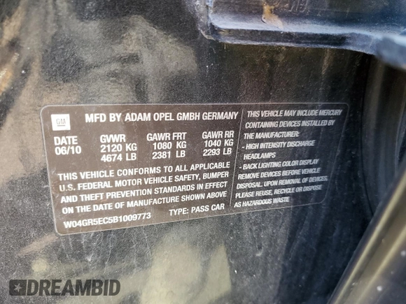 2011 Buick Regal CXL RL3 with VIN W04GR5EC5B1009773, listed as a Copart auction lot 49033575 with 247,660 mi miles and Salvage title. Bid and sale history available at DreamBid. Image 12.