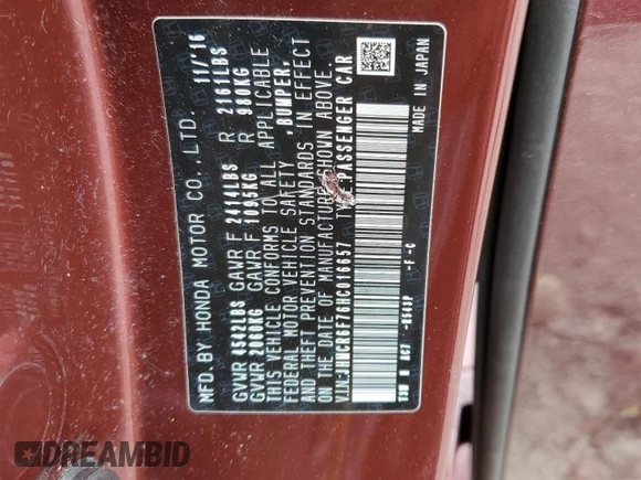 2017 Honda Accord Touring with VIN JHMCR6F76HC016657, listed as a Copart auction lot 55961665 with 74,569 mi miles and Salvage title. Bid and sale history available at DreamBid. Image 13.
