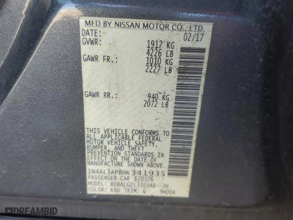 2017 Nissan Altima 2.5 S with VIN 1N4AL3AP8HN341935, listed as a Copart auction lot 45316175 with 0 mi miles and Salvage Title. Bid and sale history available at carsss.com. Image 14.
