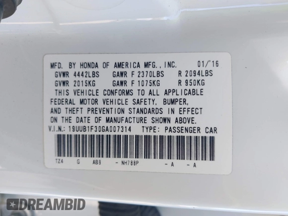 2016 Acura TLX with VIN 19UUB1F30GA007314, listed as a IAAI auction lot 42206340 with 119,637 mi miles and . Bid and sale history available at DreamBid. Image 9.