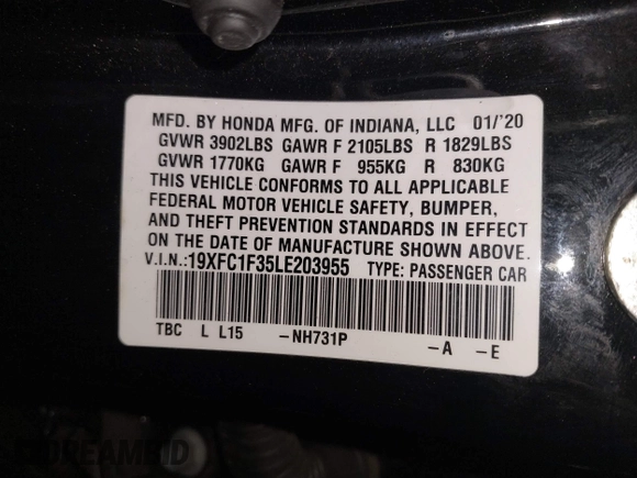 2020 Honda Civic Sedan EX with VIN 19XFC1F35LE203955, listed as a IAAI auction lot 41215735 with 44,102 mi miles. Bid and sale history available at carsss.com. Image 9.