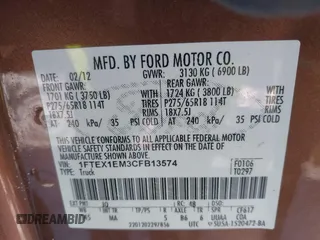 2012 Ford F-150 XL with VIN 1FTEX1EM3CFB13574, listed as a IAAI auction lot 41277549 with 115,000 mi miles and . Bid and sale history available at carsss.com. Image 9.