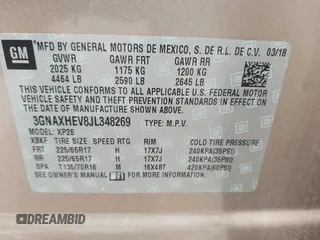 2018 Chevrolet Equinox LS z VIN 3GNAXHEV8JL348269, wystawiony jako IAAI lot #42178337 z przebiegiem 94 675 mil mil oraz . Historia ofert i sprzedaży dostępna na DreamBid. Obrazek 9.