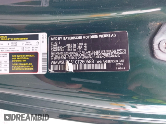 2012 MINI Hardtop with VIN WMWSU3C51CT260588, listed as a IAAI auction lot 42482647 with 117,045 mi miles and . Bid and sale history available at DreamBid. Image 9.
