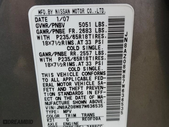 2007 Nissan Murano SL with VIN JN8AZ08W87W636535, listed as a Copart auction lot 49313735 with 155,990 mi miles and Salvage Title. Bid and sale history available at carsss.com. Image 12.
