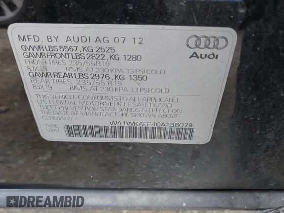 2012 Audi Q5 Prestige z VIN WA1WKAFP4CA138079, wystawiony jako IAAI lot #42677193 z przebiegiem 169 008 mil mil oraz . Historia ofert i sprzedaży dostępna na DreamBid. Obrazek 9.