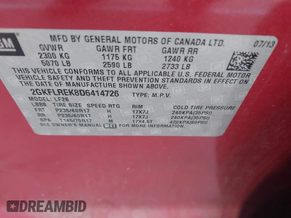 2013 GMC Terrain SLE with VIN 2GKFLREK8D6414726, listed as a IAAI auction lot 41709116 with 158,527 mi miles. Bid and sale history available at carsss.com. Image 9.
