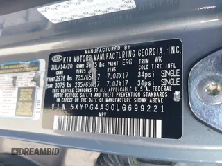 2020 Kia Sorento LX with VIN 5XYPG4A30LG699221, listed as a IAAI auction lot 41906516 with 59,482 mi miles. Bid and sale history available at carsss.com. Image 9.
