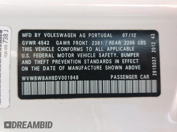 2013 Volkswagen Eos Sport с VIN WVWBW8AH8DV001948, выставлен на аукционе Copart как лот 56292615 с пробегом 75 398 миль миль и На запчасти • Non repairable. История ставок и продаж доступна на DreamBid. Изображение 12.