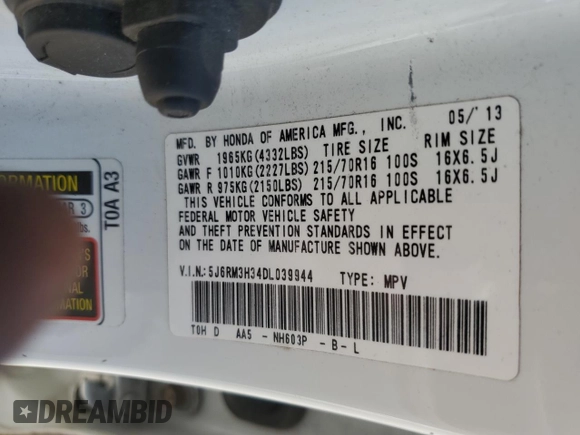 2013 Honda CR-V LX with VIN 5J6RM3H34DL039944, listed as a Copart auction lot 47765655 with 108,445 mi miles and Salvage Title. Bid and sale history available at carsss.com. Image 14.