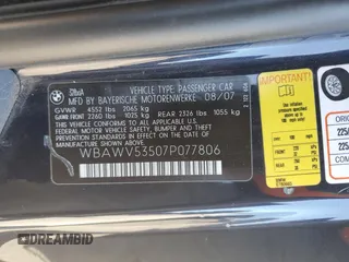 2007 BMW 3 Series 328xi with VIN WBAWV53507P077806, listed as a Copart auction lot 55670105 with 169,046 mi miles and Salvage title. Bid and sale history available at DreamBid. Image 13.