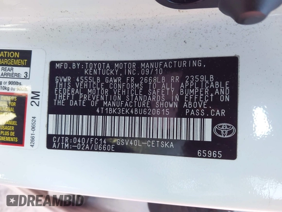 2011 Toyota Camry LE with VIN 4T1BK3EK4BU620615, listed as a IAAI auction lot 41626064 with 220,848 mi miles. Bid and sale history available at carsss.com. Image 9.