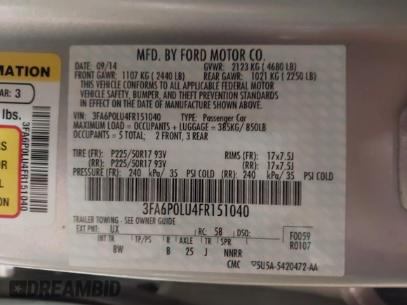 2015 Ford Fusion SE Hybrid with VIN 3FA6P0LU4FR151040, listed as a IAAI auction lot 41376155 with 120,486 mi miles. Bid and sale history available at carsss.com. Image 9.