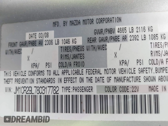 2008 Mazda 5 Sport with VIN JM1CR29L780317782, listed as a IAAI auction lot 41904586 with 85,394 mi miles. Bid and sale history available at carsss.com. Image 9.