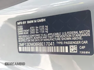 2024 BMW M2 with VIN 3MF13DM08R8E17041, listed as a IAAI auction lot 42090780 with 3,097 mi miles. Bid and sale history available at carsss.com. Image 9.