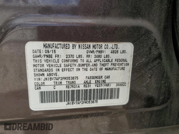 2015 Infiniti Q50 Premium with VIN JN1BV7AP2FM353875, listed as a Copart auction lot 51768175 with 147,207 mi miles and Salvage title. Bid and sale history available at DreamBid. Image 13.
