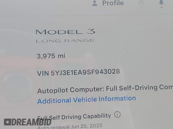 2025 Tesla Model 3 Long Range with VIN 5YJ3E1EA9SF943028, listed as a IAAI auction lot 42372207 with 3,975 mi miles and . Bid and sale history available at DreamBid. Image 15.