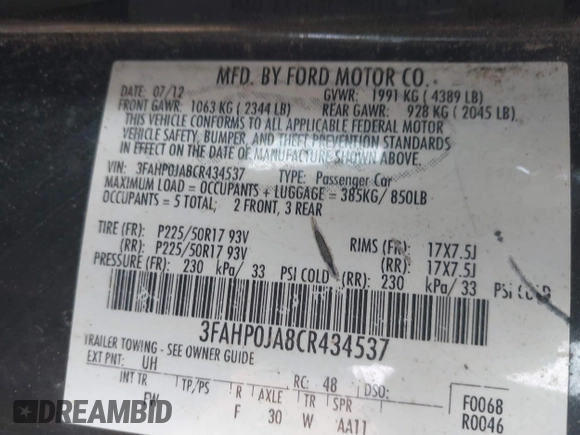 2012 Ford Fusion SEL z VIN 3FAHP0JA8CR434537, wystawiony jako IAAI lot #42200759 z przebiegiem 161 600 mil mil oraz . Historia ofert i sprzedaży dostępna na DreamBid. Obrazek 9.