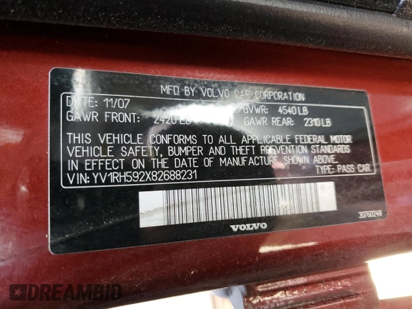 2008 Volvo S60 2.5T with VIN YV1RH592X82688231, listed as a Copart auction lot 51667675 with 167,992 mi miles and Clean Title. Bid and sale history available at carsss.com. Image 12.