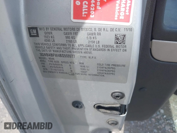 2011 Chevrolet HHR 1LT with VIN 3GNBABFW4BS568977, listed as a IAAI auction lot 42750172 with Not provided miles and . Bid and sale history available at DreamBid. Image 9.