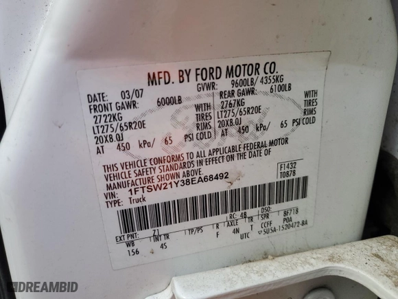 2008 Ford Super Duty F-250 SRW XL with VIN 1FTSW21Y38EA68492, listed as a Copart auction lot 49216215 with 131,231 mi miles and Salvage Title. Bid and sale history available at carsss.com. Image 12.