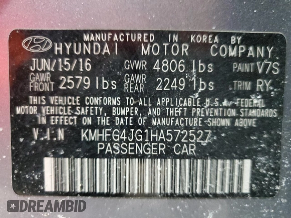2017 Hyundai Azera with VIN KMHFG4JG1HA572527, listed as a Copart auction lot 42566555 with 78,274 mi miles and Salvage title. Bid and sale history available at DreamBid. Image 12.