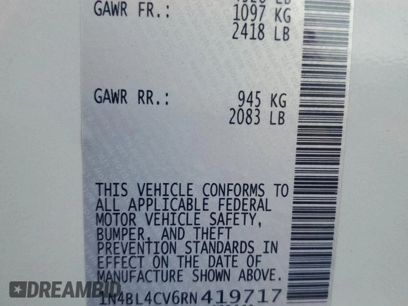 2024 Nissan Altima SR with VIN 1N4BL4CV6RN419717, listed as a Copart auction lot 60755035 with 6,458 mi miles and Salvage title. Bid and sale history available at DreamBid. Image 12.
